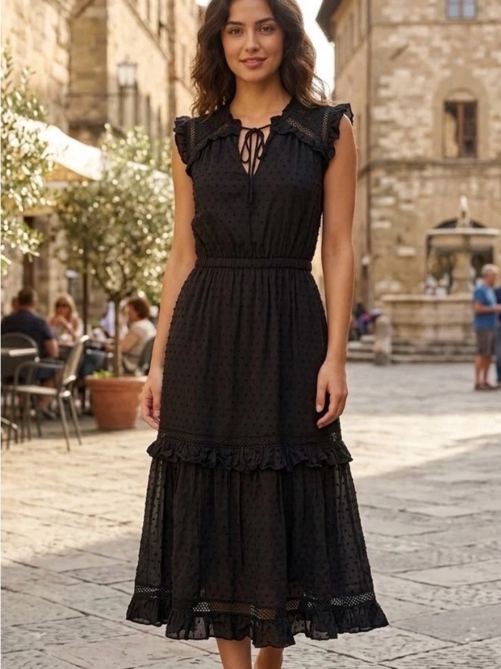 kate spade Black Swiss Dot Midi Dress with Ruffle Trim